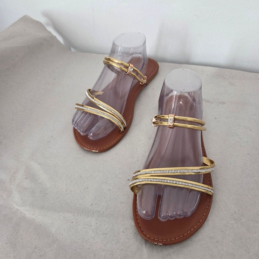 Strappy Slide Sandals Gold Greek Goddess Travel Vacation Beach Resort Yacht 10